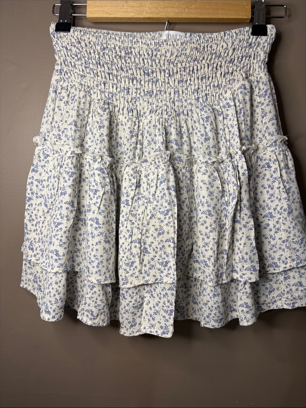 Sienna Sky Blue & White Floral Smocked Tiered Mini Skirt